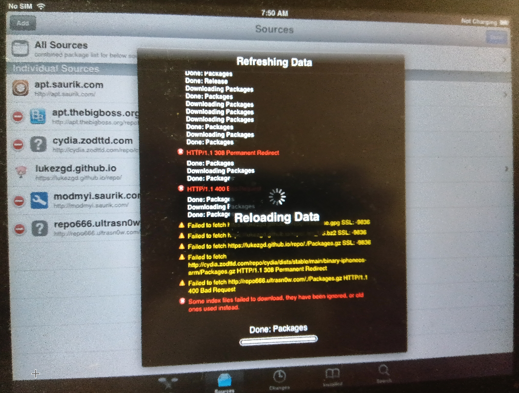 Cydia Reloading Data エラー画面